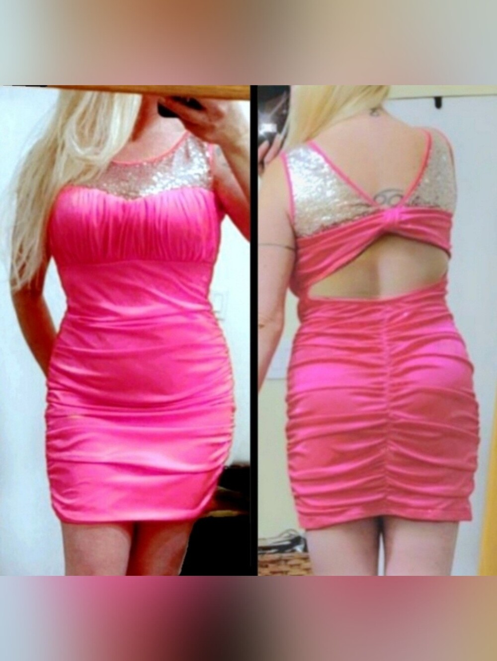 Vtg Roberta bridal hot pink ruched 80s back bow cut out sexy mini dress XL NWOT